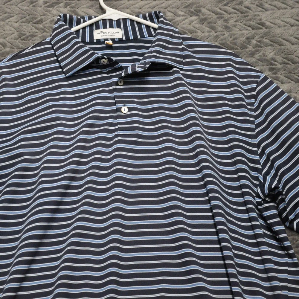 Peter Millar Polo Shirt XL Navy‎ Blue Striped Excellent Summer Comfort (1791)
